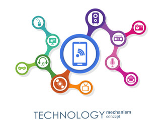 Technology mechanism concept. Abstract background with integrated gears and icons for digital, strategy, internet, network, connect, communicate, social media and global concepts. Vector infographic