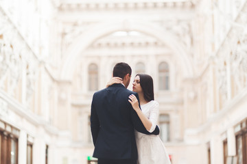 Beautiful wedding couple, bride, groom kissing and hugging against the background of old building