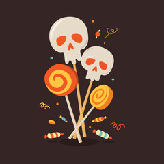 Happy Halloween. Symbol of halloween. Skulsl, candys, lollipops. Vector elements for the design of leaflets, posters, greeting cards, invitations, banners.