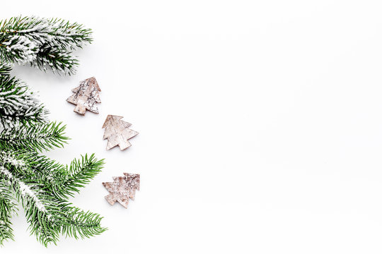 Christmas eve set with spruce branches and fur tree toys on white background top veiw mock-up