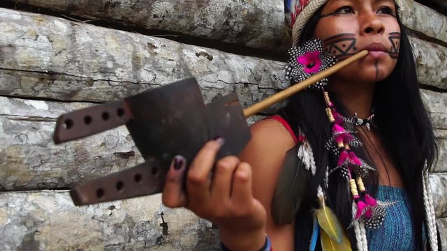 Indigenous Woman Smoking Pipes in a Tupi Guarani Tribe, Brazil