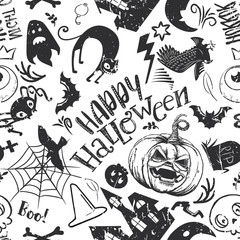 Haloween Seamless Pattern in cartoon style. Black sketches characters. Grave, ghost, pumpkin, cat, bat, castle holiday doodles. Hand drawn vector illustration. Horror background. Black and white