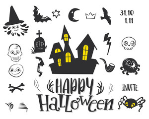 Set of silhouettes for Halloween party. Hand written greetings Happy Halloween. BAt, skull, cat, pumpkin, spider, bone, grave, ghost, cross, bird, star, Castle and overs