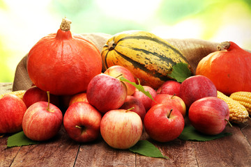 Thanksgiving - pumpkin, apples, and maize on wooden background