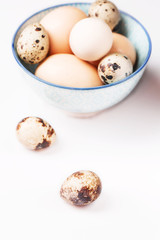 Chicken and quail eggs in blue bowl, white background, vertical, selective focus