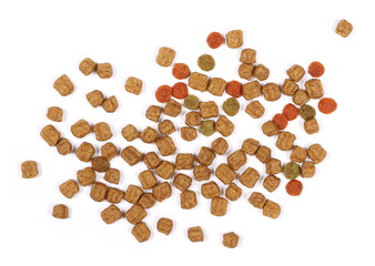 Dry dog food isolated on white background, top view