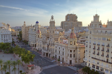 Fototapeta premium Tilt shift effect in the square of the city hall of Valencia.