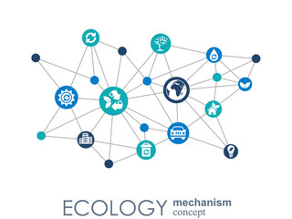 Ecology mechanism concept. Abstract background with connected gears and icons for eco friendly, energy, environment, green, recycle, bio and global concepts. Vector infographic illustration