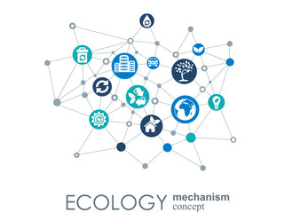 Ecology mechanism concept. Abstract background with connected gears and icons for eco friendly, energy, environment, green, recycle, bio and global concepts. Vector infographic illustration