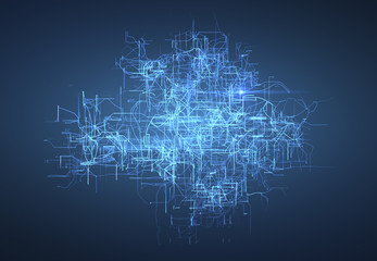 Digital connectivity, artificial intelligence and data storage concept. Glowing electronic circuit board, conductors and neural signals on a dark blue background.