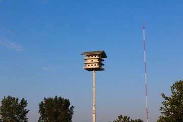 The wood birdhouse on a tall pole with the blue sky background.