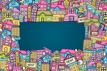 Real estate concept in 3d cartoon doodles background design. Hand drawn colorful vector illustration.