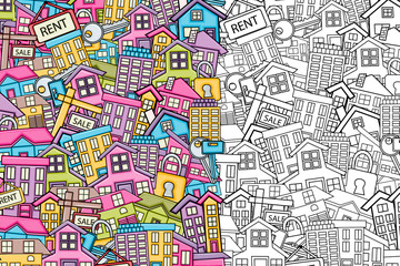 Real estate concept cartoon doodles background design. Hand drawn black and white outline coloring page vector illustration.