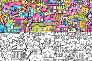 Obraz premium Real estate concept cartoon doodles background design. Hand drawn black and white outline coloring page vector illustration.