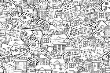 Fototapeta na wymiar Real estate concept cartoon doodles background design. Hand drawn black and white outline coloring page vector illustration.
