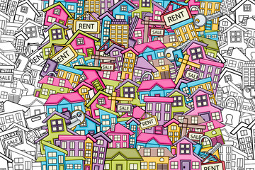 Fototapeta premium Real estate concept cartoon doodles background design. Hand drawn black and white outline coloring page vector illustration.