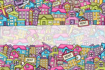 Real estate concept in 3d cartoon doodle background design. Hand drawn colorful vector illustration.
