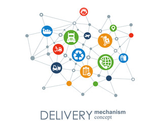Delivery mechanism concept. Abstract background with connected gears and icons for logistic, service, strategy, shipping, distribution, transport, market, communicate concepts. Vector interactive