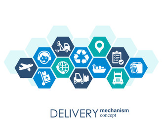 Delivery mechanism concept. Abstract background with connected gears and icons for logistic, service, strategy, shipping, distribution, transport, market, communicate concepts. Vector interactive