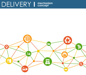 Delivery mechanism concept. Abstract background with connected gears and icons for logistic, service, strategy, shipping, distribution, transport, market, communicate concepts. Vector interactive