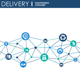 Delivery mechanism concept. Abstract background with connected gears and icons for logistic, service, strategy, shipping, distribution, transport, market, communicate concepts. Vector interactive