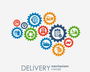 Delivery mechanism concept. Abstract background with connected gears and icons for logistic, service, strategy, shipping, distribution, transport, market, communicate concepts. Vector interactive