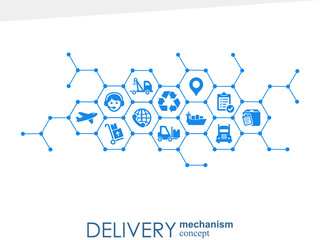 Delivery mechanism concept. Abstract background with connected gears and icons for logistic, service, strategy, shipping, distribution, transport, market, communicate concepts. Vector interactive