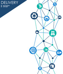 Delivery mechanism concept. Abstract background with connected gears and icons for logistic, service, strategy, shipping, distribution, transport, market, communicate concepts. Vector interactive