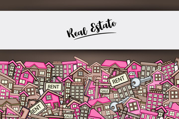 Real estate concept in 3d cartoon doodle background design. Hand drawn colorful vector illustration.