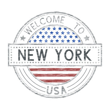 Welcome to New York, USA. Colored tourist stamp with US national flag
