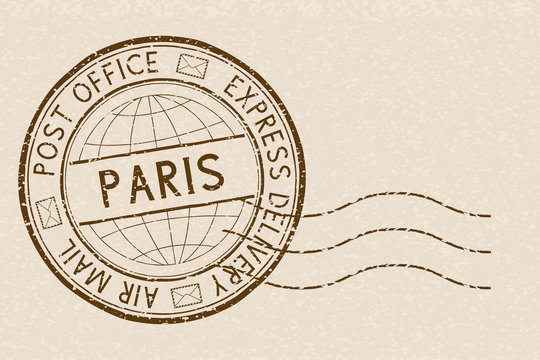 Postal stamp, round brown postmark with plane icon. Paris, France