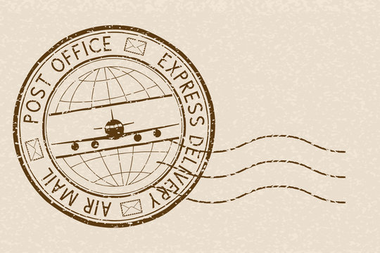 Postal stamp Express delivery, round brown postmark with plane icon