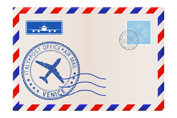 Envelope with Venice stamp. International mail postage with postmark and stamps