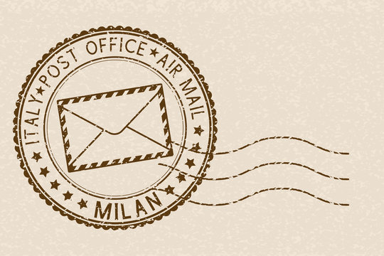 Postal stamp, round brown postmark with envelope icon. Milan, Italy