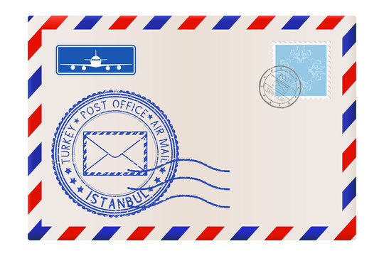 Envelope with Istanbul stamp. International mail postage with postmark and stamps