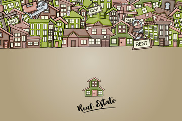 Fototapeta premium Real estate concept in 3d cartoon doodles background design. Hand drawn colorful vector illustration.