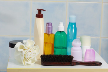 Toiletries in bathroom on shelf