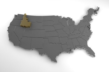 United states of America, 3d metallic map, whith idaho state highlighted. 3d render