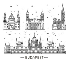 Obraz premium Węgierski punkt orientacyjny zabytkowych budynków zestaw ikon cienka linia