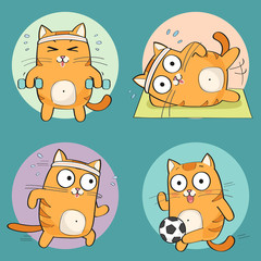 Cute Cat Character. Fitness set. Vector illustration