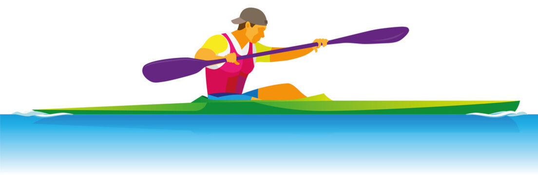 A young tall and powerful athlete is a paddler proper on  kayak of the race distance