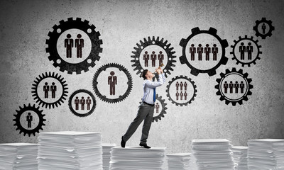 Happy businessman playing fife.