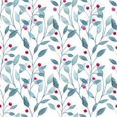 Watercolor seamless pattern with christmas leaves and flowers. Hand drawn christmas elements