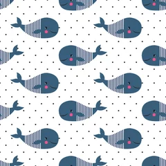 Behang Naadloze patroon met schattige cartoon walvissen op polka dots achtergrond. Vector zee achtergrond voor kinderen. Kind tekenen stijl cartoon baby dieren onderwater illustratie. Ontwerp voor stof, textiel, decor. © in_dies_magis
