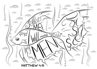 Fishers of men. Bible lettering. Ichthys is a symbol of fish. The ancient acronym of the name of Jesus Christ, Messiah, God in Christian religion.  Vector design