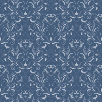 Symmetric seamless blue pattern. Decorative background in Baroque style. The rich decor of the shapes and lines for design of cloth or paper. Vector illustration.