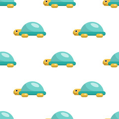 Vector seamless pattern on which are painted the turtle. Childrens cartoon pattern toy turtle isolated on white background