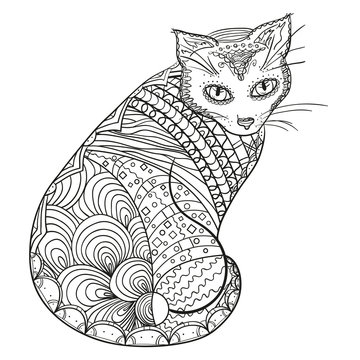 Cat. Design Zentangle. Hand drawn animal with abstract patterns on isolation background. Design for spiritual relaxation for adults. Decorative style. Print for polygraphy, posters and textiles