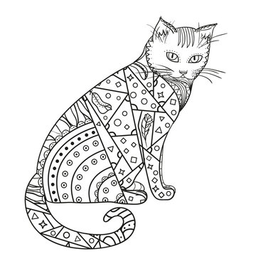 Cat. Design Zentangle. Hand drawn animal with abstract patterns on isolation background. Design for spiritual relaxation for adults. Decorative style. Print for polygraphy, posters and textiles
