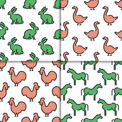 Set of vector seamless patterns with animals and birds. Children vector patterns for printing on fabric in the printing industry and as the background
